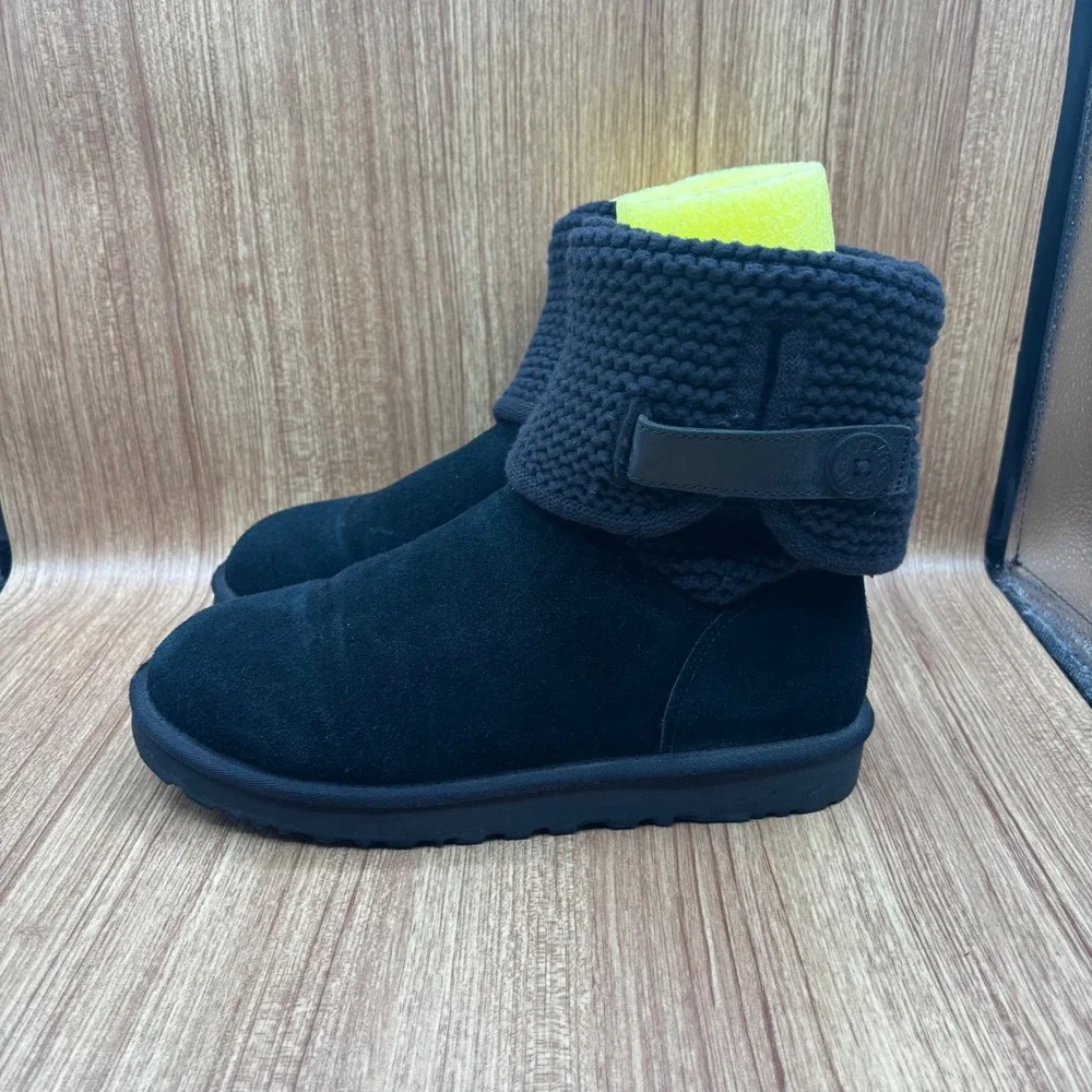 UGG Shaina Sweater Suede Boots Black Womens 11 Mid Calf Fold Down 1012534